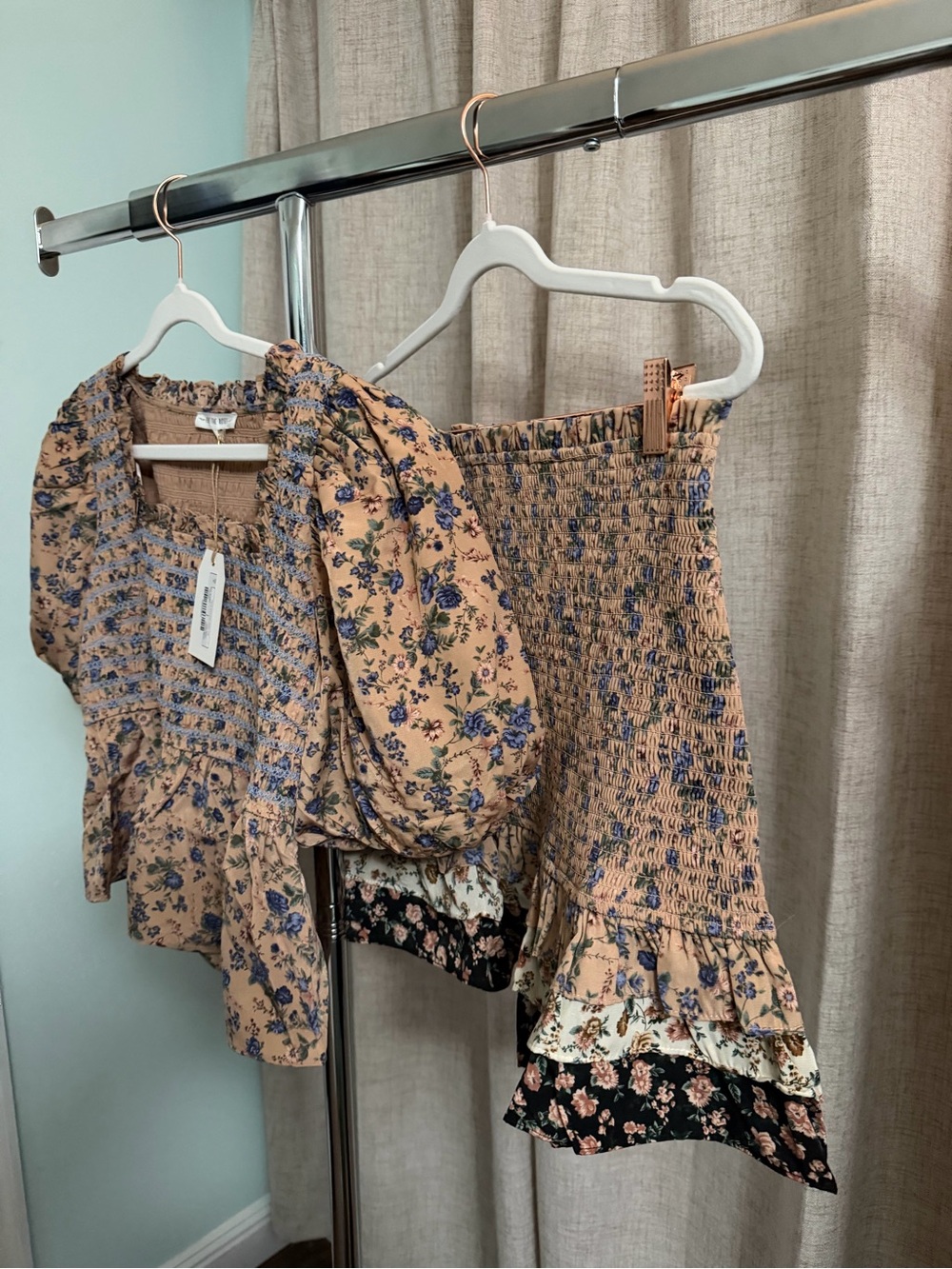2pc Set! Floral Smocked Two-Piece Set in Peach and Blue